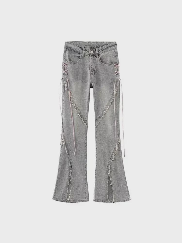 Women's High-Waisted Flared Jeans - Slim Fit, Strappy Detail, Elastic, Split Hem, Autumn Collection