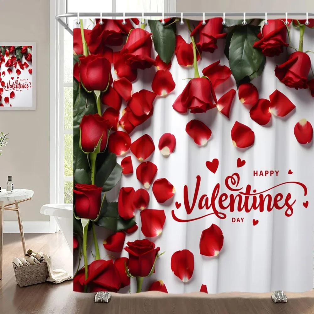 Valentine'S Day Shower Curtain, Rose Flower Heart Romantic Plant Love Lipstick Polyester Printed Fabric Bathroom Decoration
