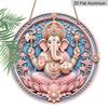 2D Flat, 1pc Round Aluminum Hanging Sign, Pink Blue Lord Ganesha Modak Pink Lotus Pearl Floral Border Print, Easy Hang Indoor Outdoor Metal Plaque