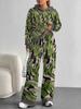 European, American autumn and winter blue splicing flower casual long-sleeved suit women's hooded sweater trousers two-piece set