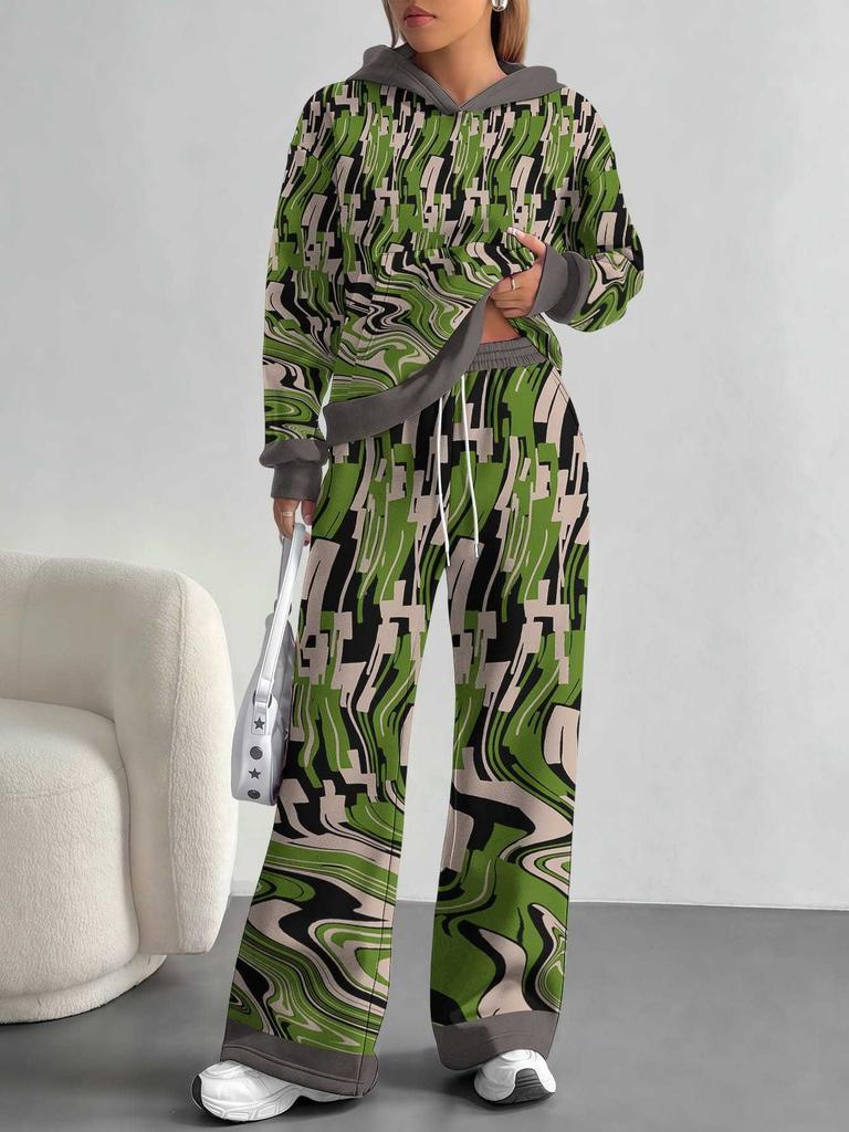 European, American autumn and winter blue splicing flower casual long-sleeved suit women's hooded sweater trousers two-piece set