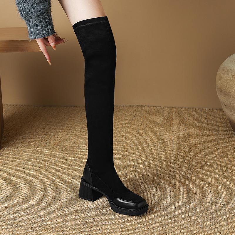 Damenstiefel mit hohen Absätzen Herbst und Winter klassisch vielseitig dickabsätzig Überknie-Stiefel in großen Größen mit elastischem Schaft