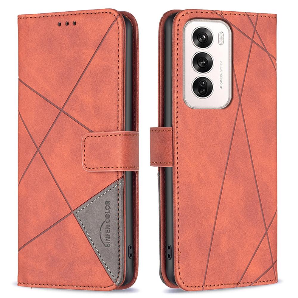 

For Oppo Reno12 5G (Global) Phone Cases Wallet Stand Geometry Imprint Leather Cover Brown