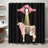 Ufo Abduction Cow Shower Curtain Sci-Fi Anatomy Art With Pink Flying Saucer, Black Background, Includes Hooks 70.8×70.8 Inches