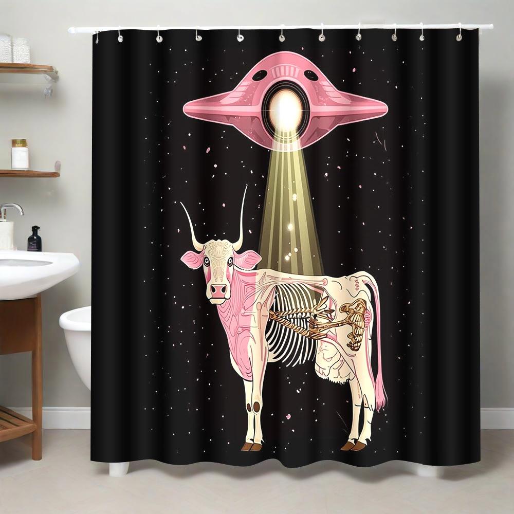 

UFO Abduction Cow Shower Curtain Sci-Fi Anatomy Art with Pink Flying Saucer, Black Background, Includes Hooks 70.8×70.8 Inches 90x180cm35x71in