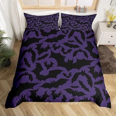 Juego de Ropa de Cama Temático de Halloween, Juego de Funda Nórdica con Estampado de Animales de Murciélagos Negros para Mujeres Hombres Adultos, Regalo para Dormitorio, Color Morado Oscuro