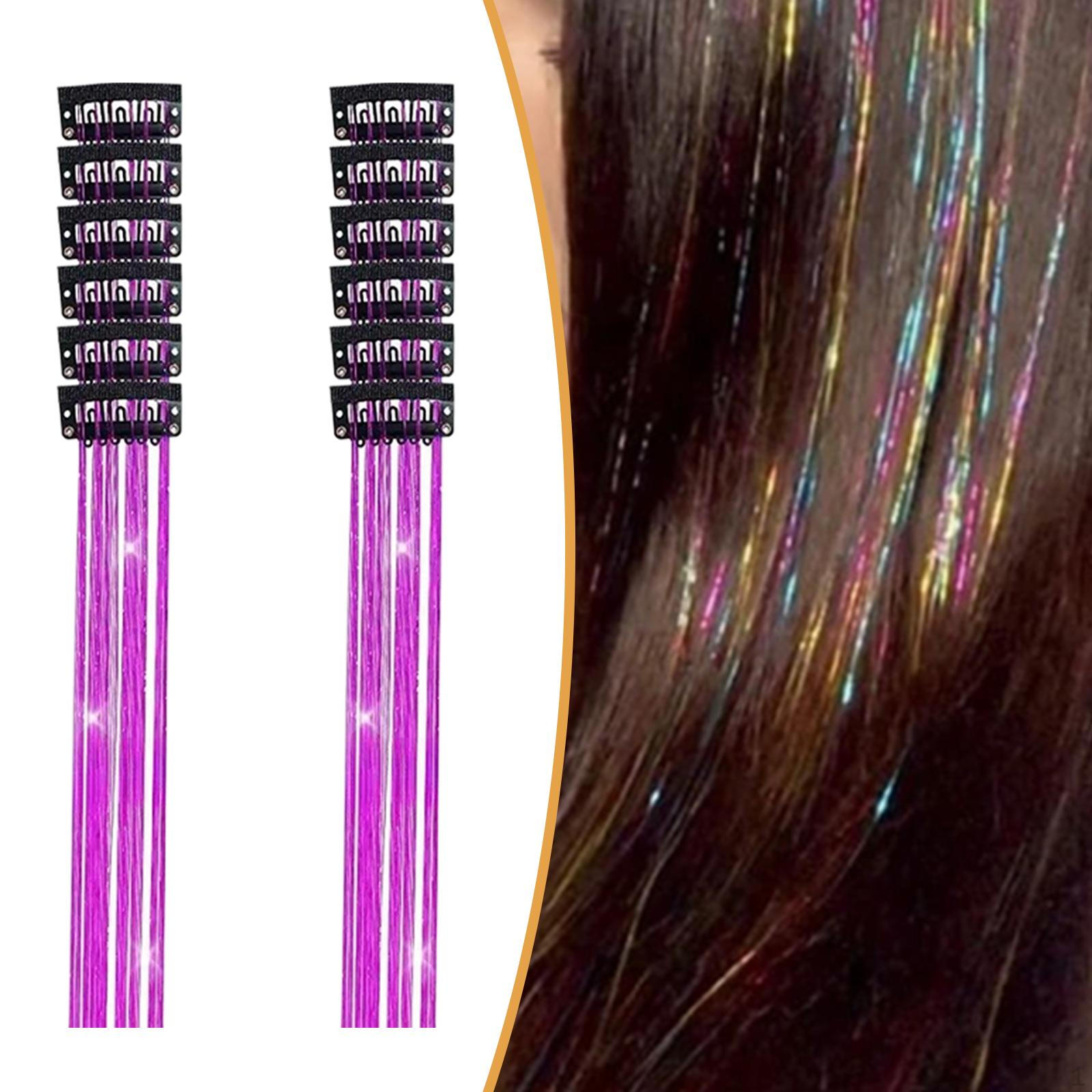 

12 Pieces Hair Tinsel Clip for Girls Sparkling Extensions Highlights Glitter Party Weddings Dark violet