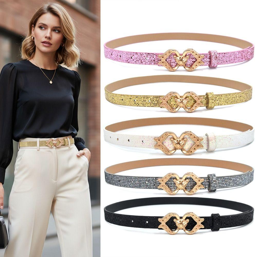 Fashion Bling Bling Sparkling Rhinestone Belt Versatile Glitter PU Leather Belt Luxury Brand Design Fox Buckle Belt Women