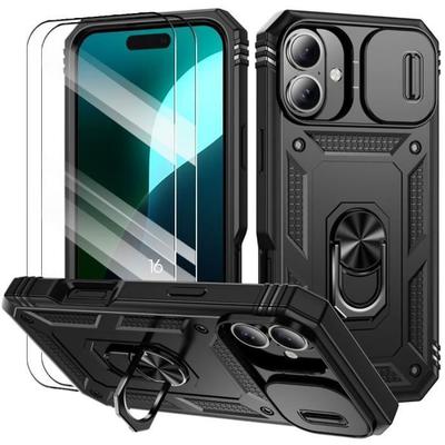 Case and 2 Tempered Glasses for iPhone 16 - Ultra-Resistant Protection with Stand and Sliding Camera Cover - Black