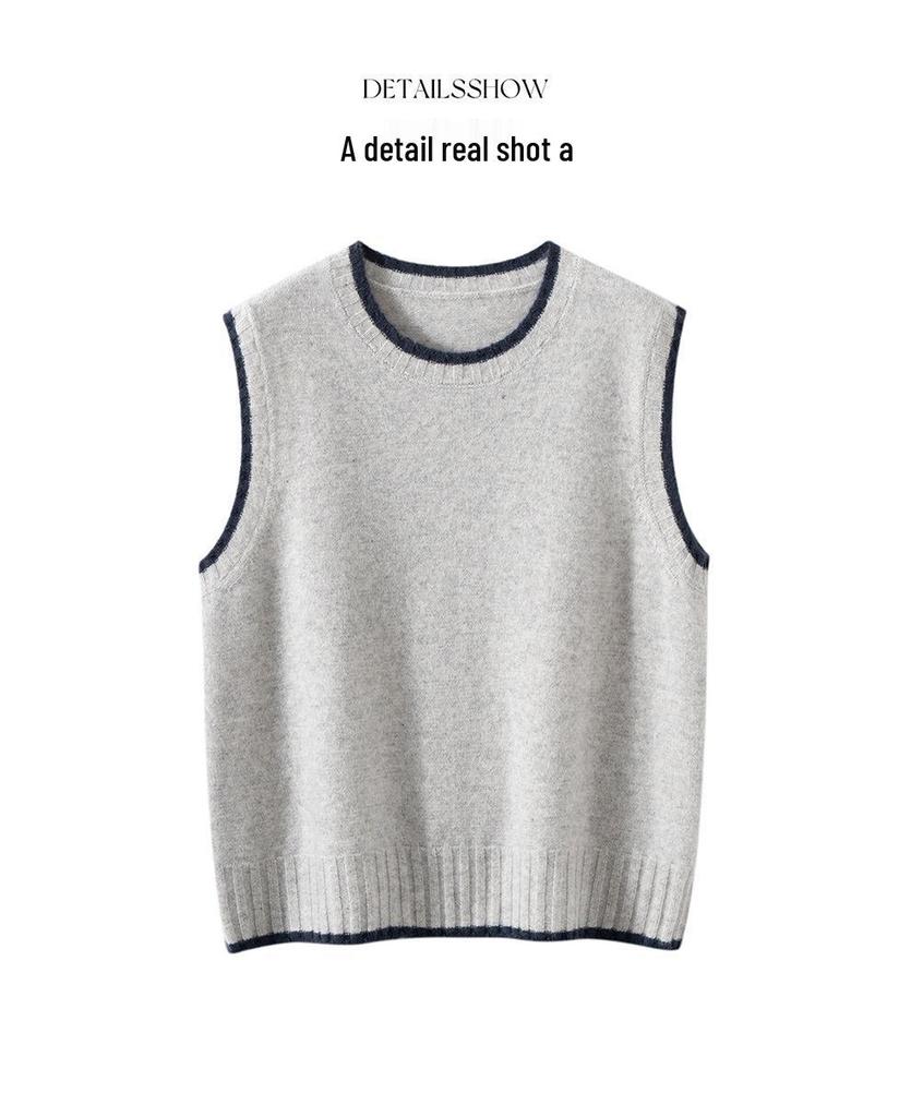 Women's Early Autumn Cashmere Knit Vest - Round Neck Sleeveless Cardigan Pullover