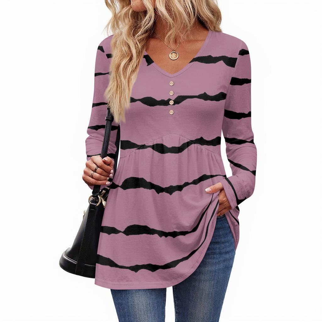 Women's Casual Fashion V-Neck Button Striped Long Sleeve Top