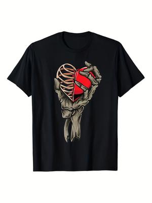 Skeleton Hand Holding Broken Heart Graphic Tee Men's Gothic Casual T-Shirt Daily Wear Holiday Wearing