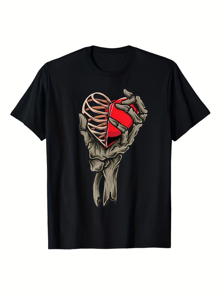 Skeleton Hand Holding Broken Heart Graphic Tee Men's Gothic Casual T-Shirt Daily Wear Holiday Wearing