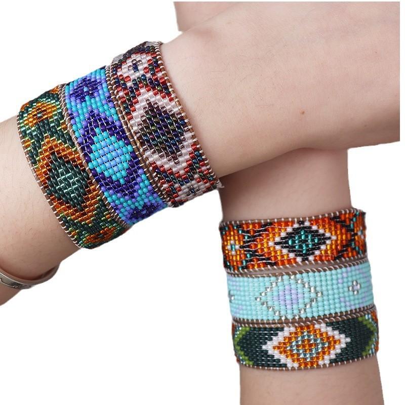 Bohemian Style Gradient Color Rice Bead Braided Bracelet, Retro Fashion Geometric Bead Jewelry