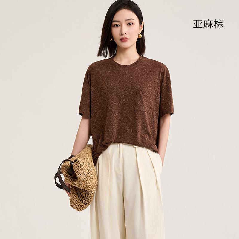 Lao Qianfeng Linen Round Neck Short-sleeved T-shirt Women's Static Luxury Blend A Antibacterial Loose and Versatile Model