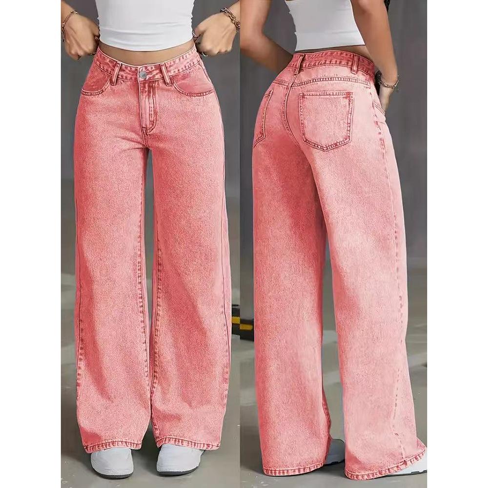 American retro washed old jeans summer loose casual straight fashion trend wide leg trousers Trendy Pink Acid Wash Wide Leg Jeans