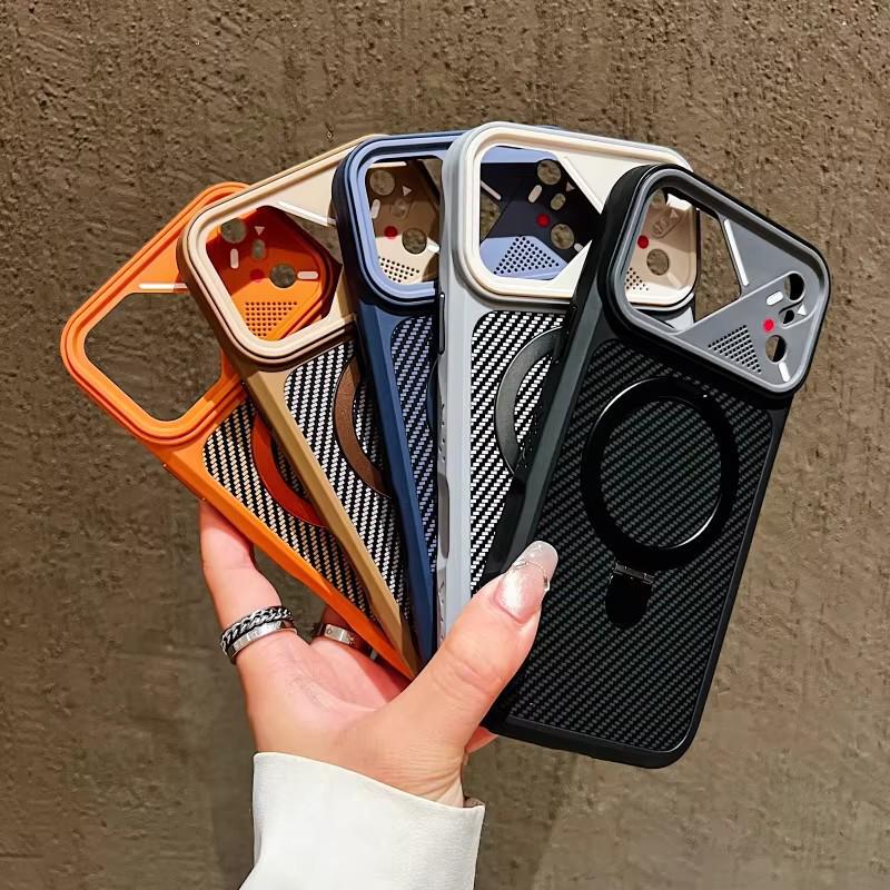 Carbon Fiber Texture iPhone 17 Case with 360° Rotating Stand, Matte Finish, for 16 Pro Max