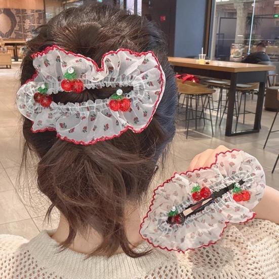 Hair Pin Strong Clamping Force Transparent Mesh Lace Clip with Cherry Decoration Half-Tied Hair Buns Side Hair Accessory