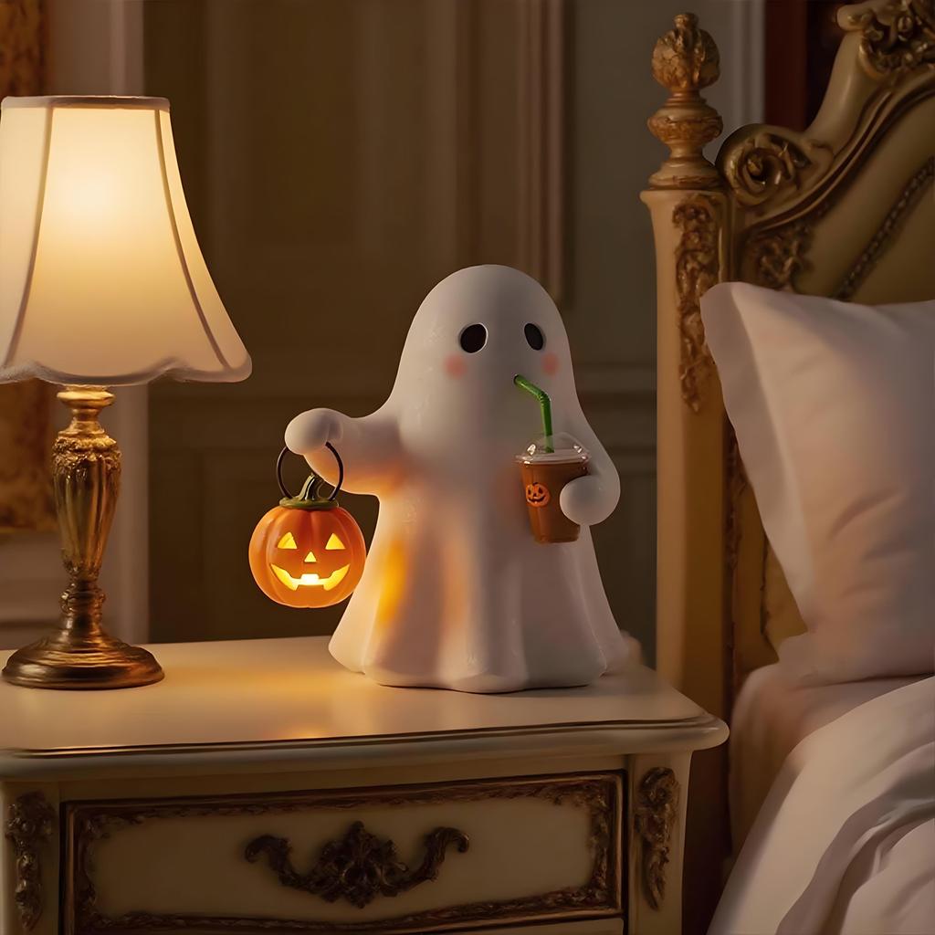 Nightstand Lamp Ghost Sculpture Statue Holding Pumpkin Drinking Ambient Lighting for Home Bookshelf Tabletop