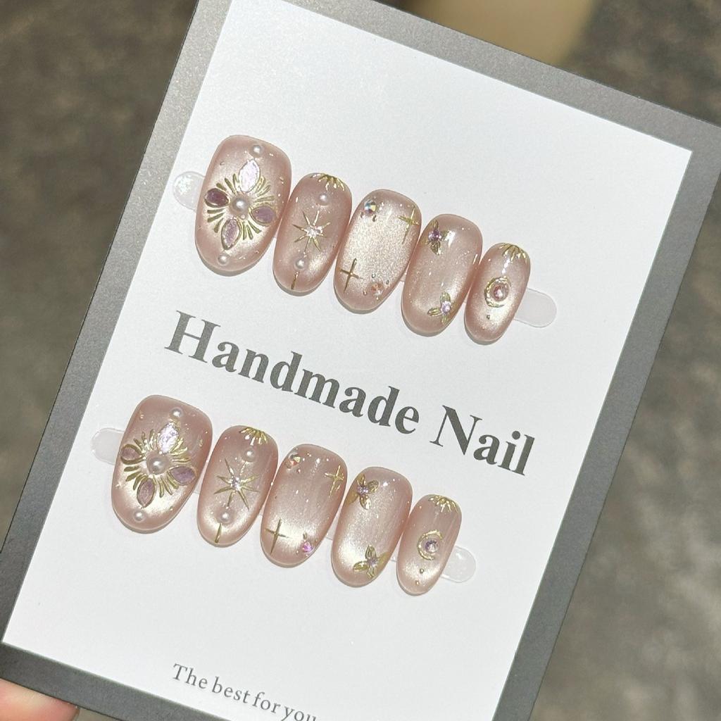 10Pcs Short Handmade Pink Press On Nails Spring French Rhinestone Full Cover Fake Nail Plaid Manicure Wearable Nail Tips Art
