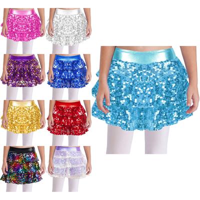 Jupe-short à paillettes brillantes pour enfants filles, jupe-short à volants à plusieurs niveaux, ceinture élastique métallique, Costume de spectacle de danse sur scène