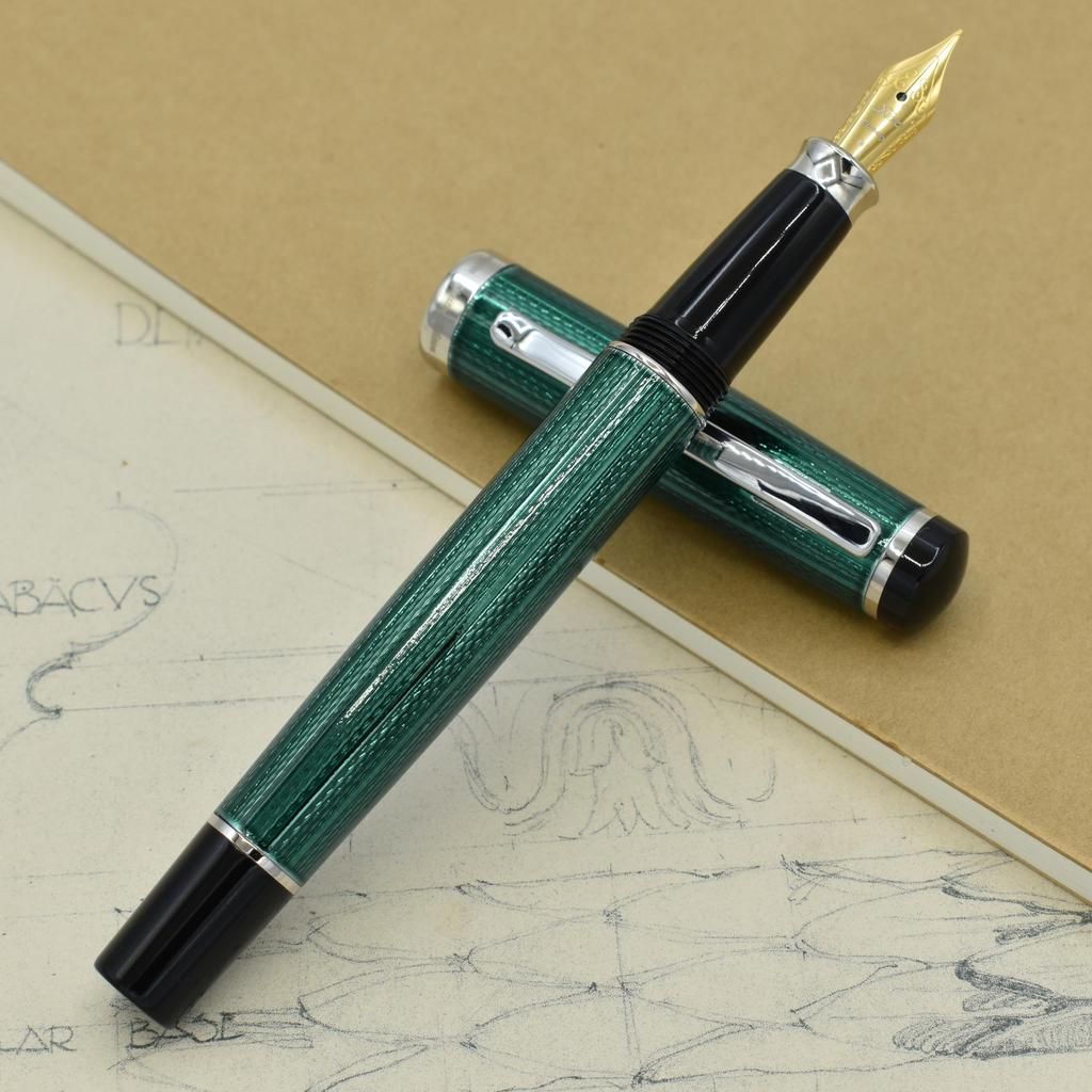 Xezo Incognito Fountain Medium Forest Green Layered Pure Platinum Handcrafted Guilloche Limited Edition Pen, Nib, Lacquer, Plated, & Stamped,