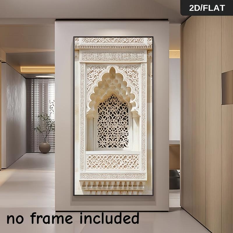 

1 piece of Arabic style carved window lattice frameless canvas decoration hanging painting living room study bedroom wall art de (as the picture,50x100cm No Frame)