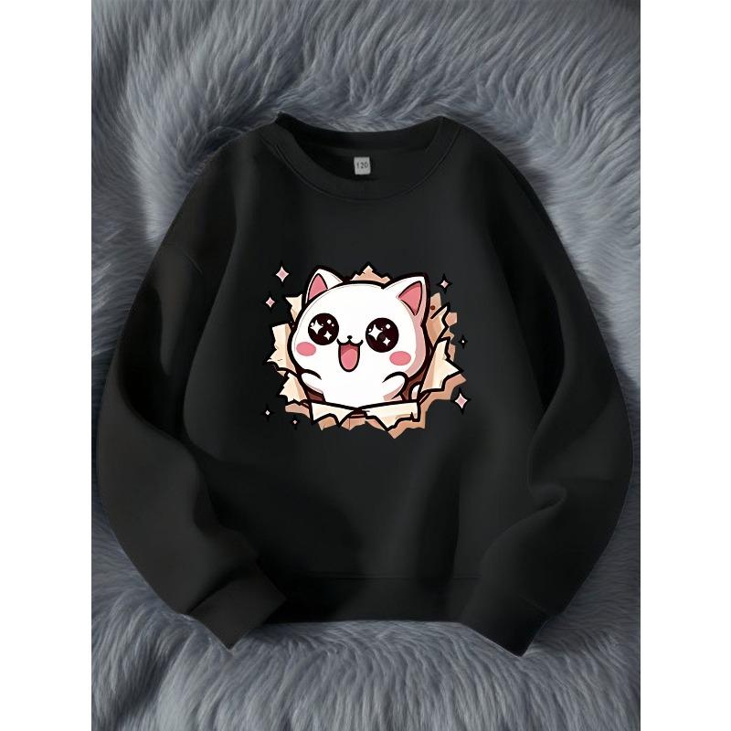 Adorable Cat Print Hole Detail Crewneck Sweatshirt, Cartoon Pullover Casual Vacation Top for Autumn Winter 110 чёрный