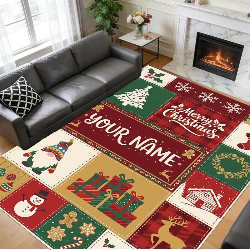 Christmas Custom Name Printed Square Area Rug Soft Non Slip Floor Carpet For Bedroom Holiday Gift
