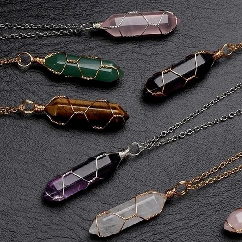 Wire Wrapped Hexagon Pillar Necklace Bullet Point Shaped Pendant Necklace Natural Stone Pendant Clavicle Chain Necklace