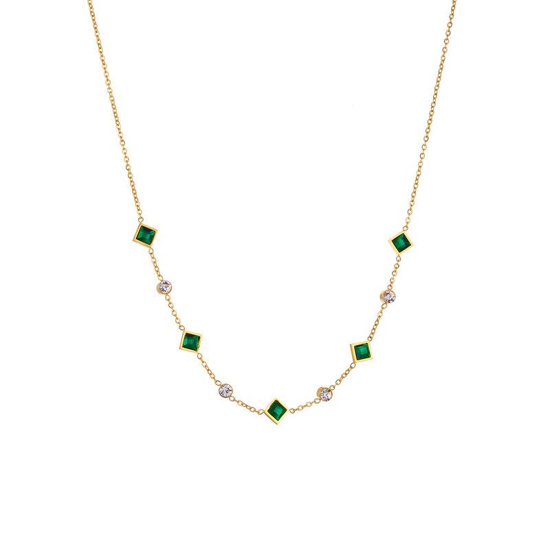 Gold Plated Stainless Steel Alternate Square Emerald & Round CZ Choker Necklace