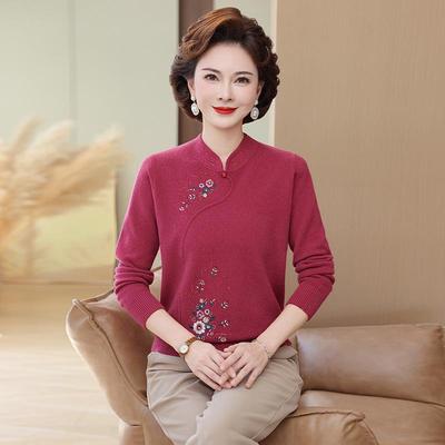 100% Pure Wool Autumn Winter Sweater for Moms - Stylish Qipao Collar Knitwear for Middle-Aged and Elderly Women.