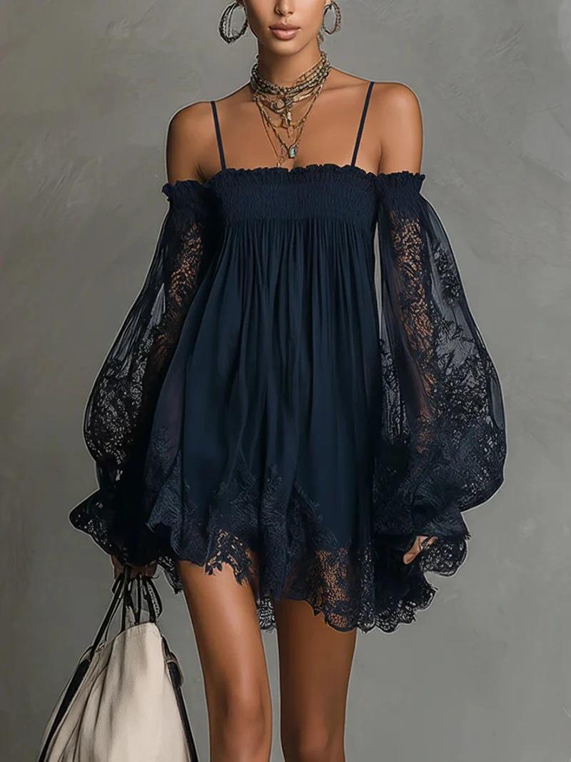 2026 European and American sexy women s perspective, long-sleeved suspender solid color, elastic one-word collar lace dress XS