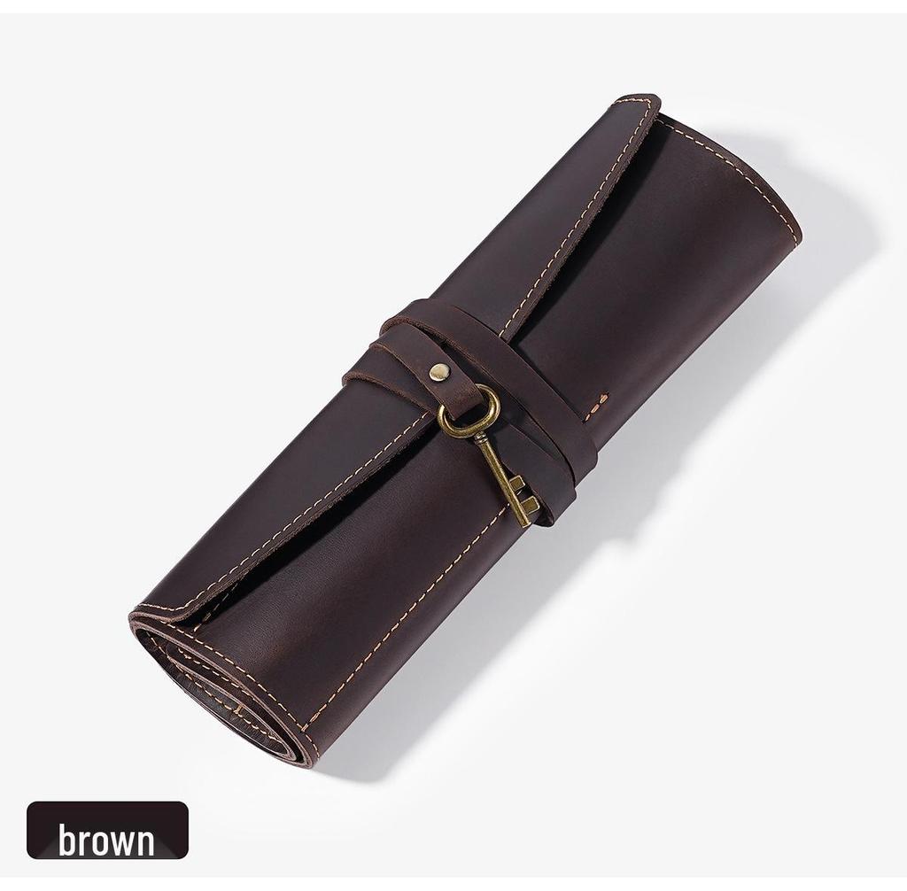 Reise Leder Roll-Up Stiftemäppchen - Crazy Horse Füllfederhalter, Bleistift & Kugelschreiber Halter