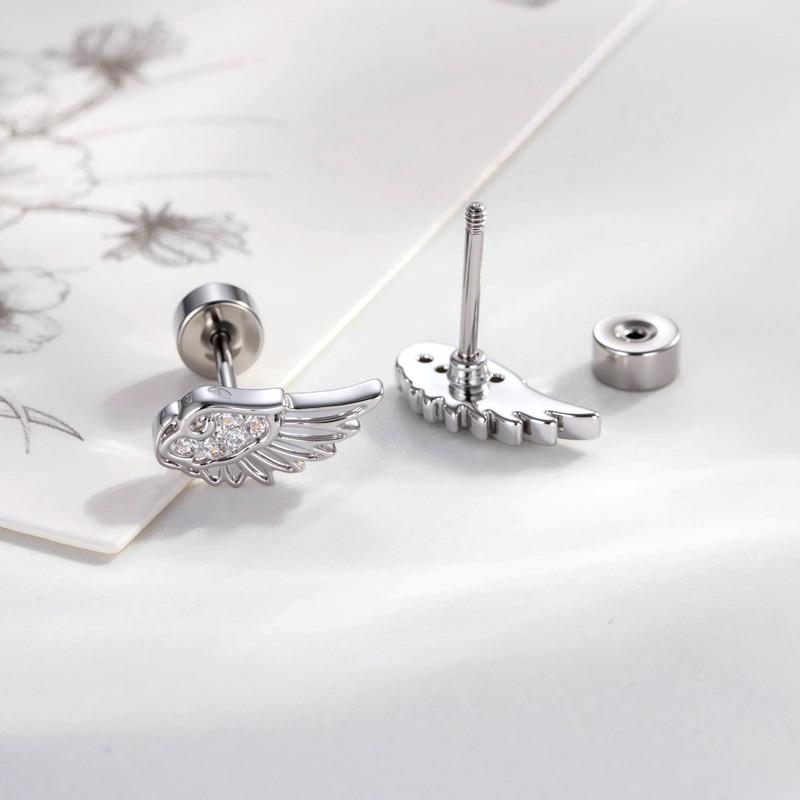 Silver Zircon Wing Stud Earrings for Women Shiny Crystal Geometric Personality Ear Bone Nail Jewelry Gifts