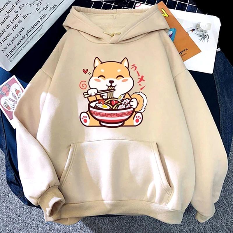 Cute Cartoon Dog Ramen Printed Pullover Fashion Women Hoodies Long Sleeve Hooded Woman Sweatshirt Clothing