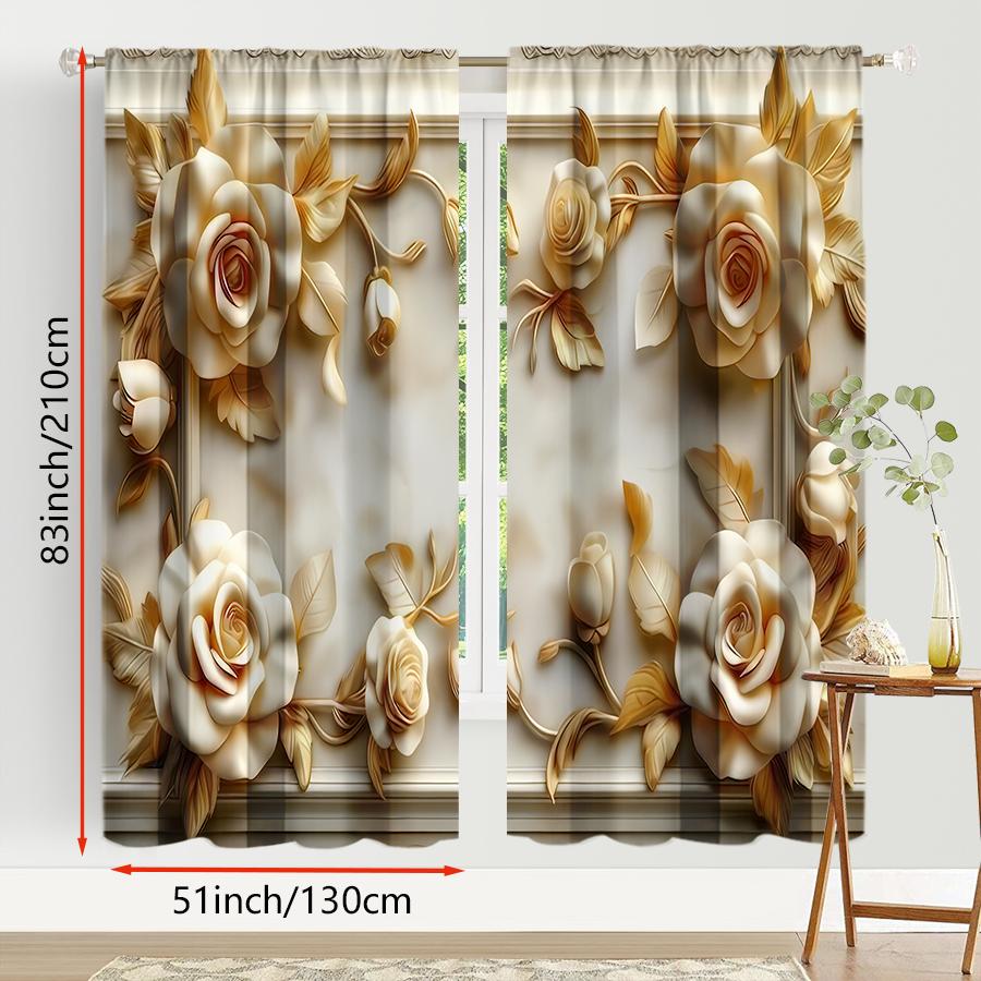 2pcs  Golden and white rose curtains   European court style living room   bedroom   drawbar   pocket style window decoration