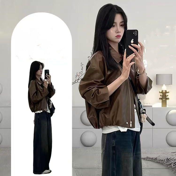Autumn 2025 Plus Size Women s Leather Jacket - Retro Fashion M коричневый