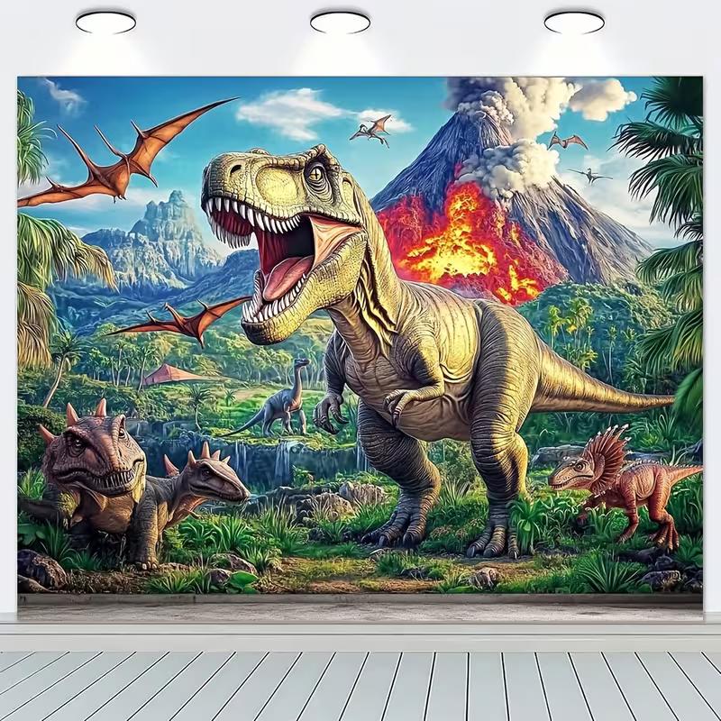 Vulkan T-Rex Dinosaurier Wandteppich, Jurassische Dschungellandschaft Wanddekoration für Jungenzimmer & Thematische Geburtstagsparty