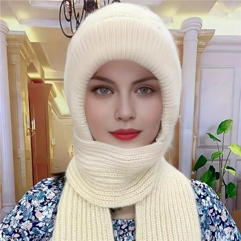 Womens Warm Knit Hat Scarf One Piece Woolen Thermal Hat with Ear Protection Windproof Winter Outdoor Accessories Christmas Gift