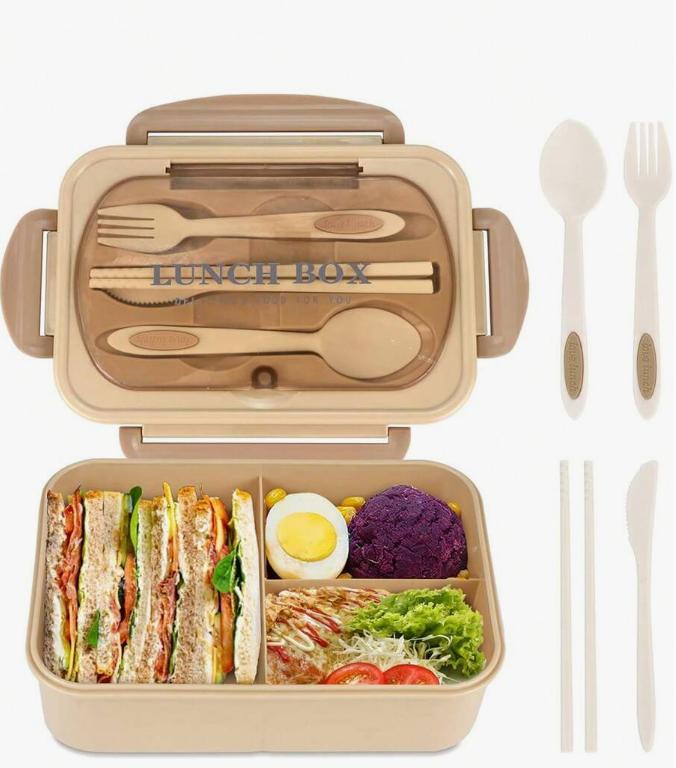 Boîte bento set adulte, 3 compartiments, ne peut pas être mise au micro-ondes ni au lave-vaisselle (avec couteau, fourchette, cuillère et baguettes)