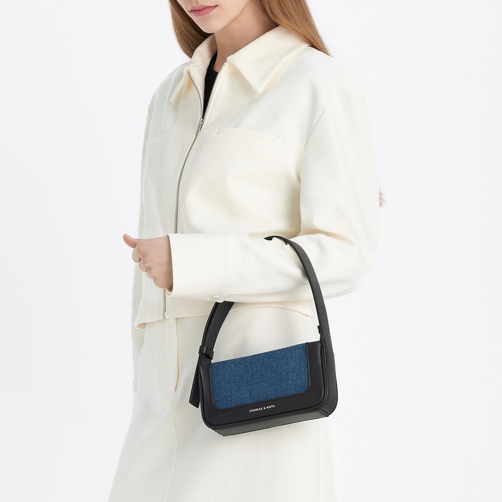 New CHARLES&KEITH Fabric Crossbody Bags Trumpets Women's Dark Denim Blue/Tan Tea Brown CK2-20671598-1