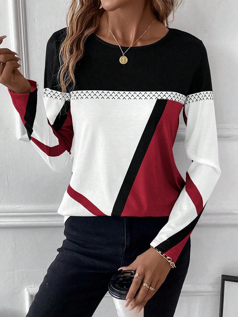 

New Arrival Women s Pullover Round Neck Geometric Print Color Block T-shirt XL червоний