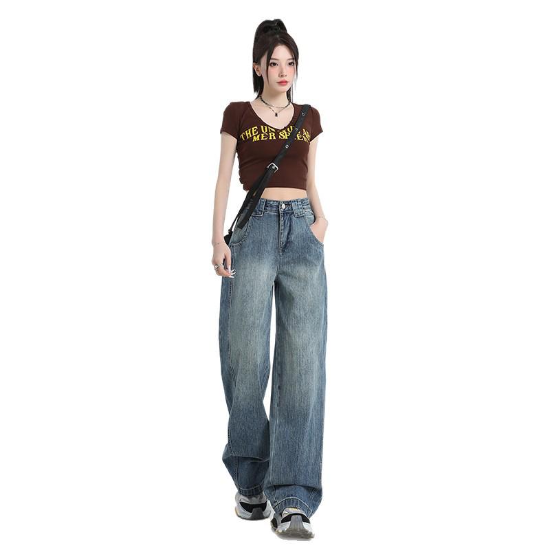 Women's Autumn Retro High-Waisted Washed Wide-Leg Jeans