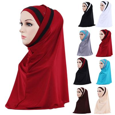 Kadın Renk Blok Müslüman Yumuşak Hicab Sarma Polyester İslami Eşarp Şapka Başlığı