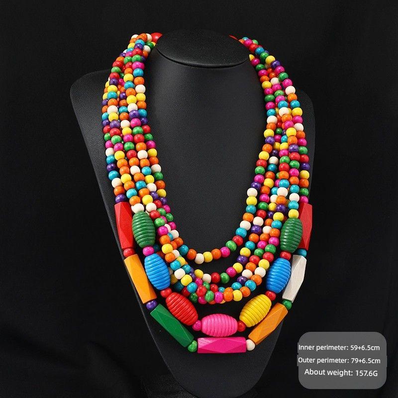 Retro Ethnic Style Wooden Necklace Fashion Style Bohemia Long Stylish Multi-Layer Sweater Chain Performance Accessories Women