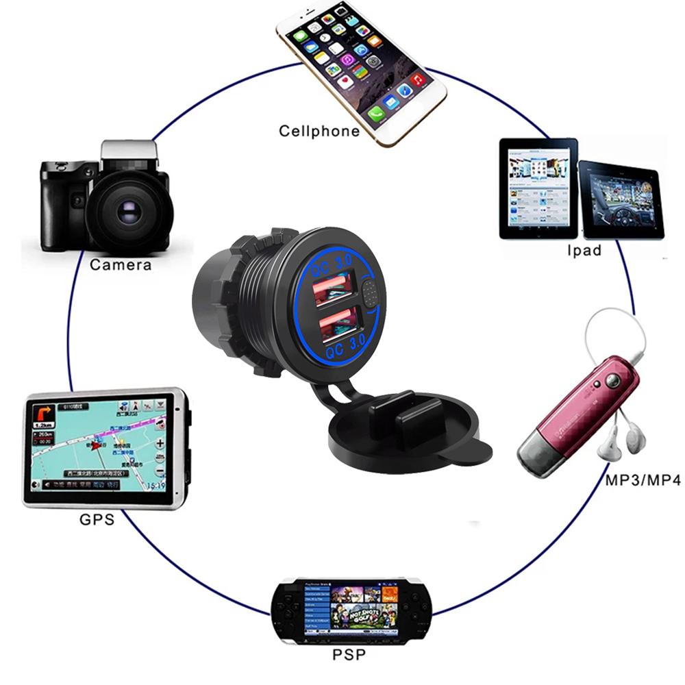Cargador de coche con doble puerto USB QC3.0, toma de carga rápida con voltímetro e interruptor, 12 V/24 V, cargador de teléfono automático