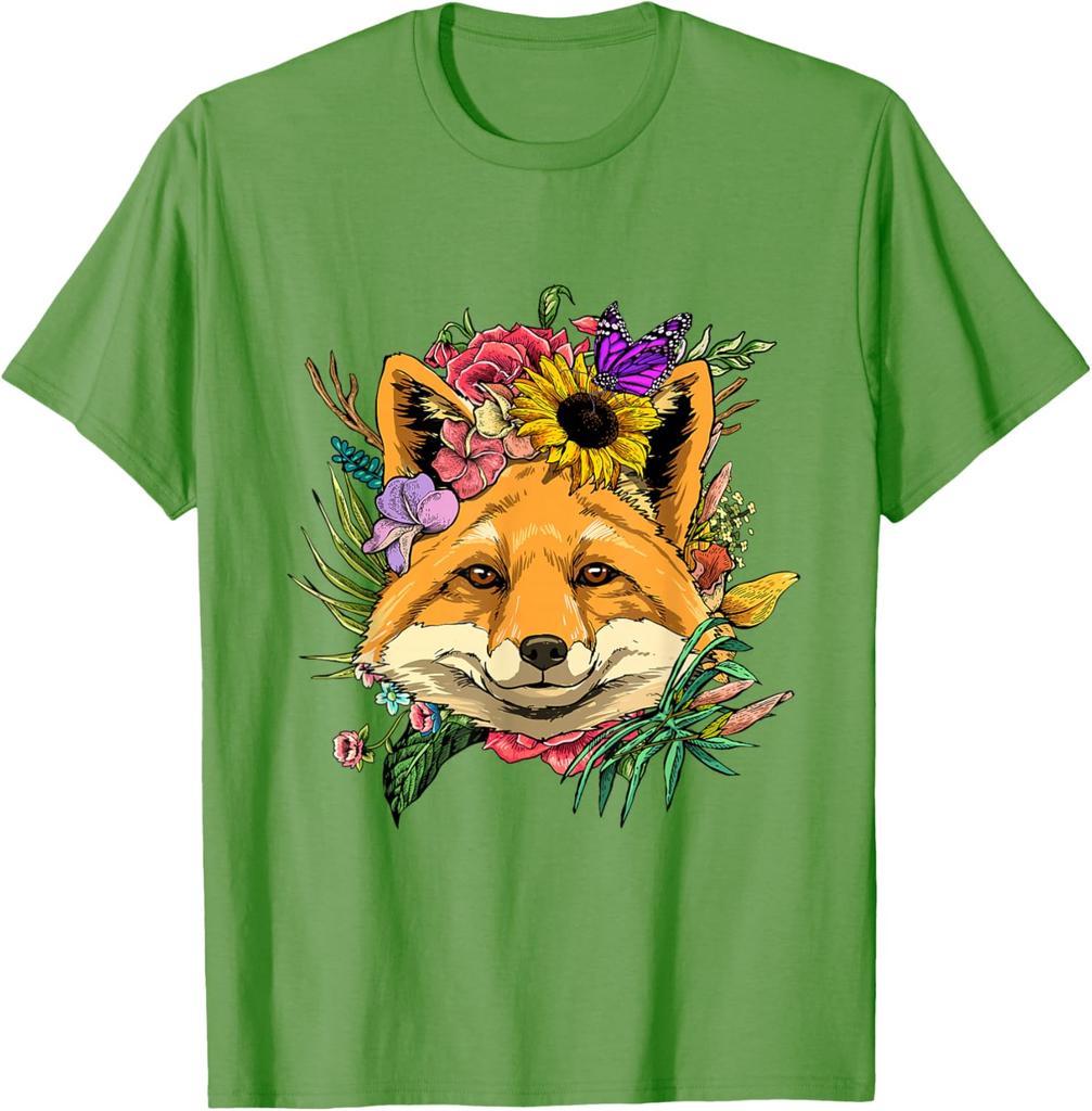 Floraler Fuchs Kopf Cottagecore Ästhetik T-Shirt Niedliches Tierliebhaber Grafik T-Shirt Frühling Herbst