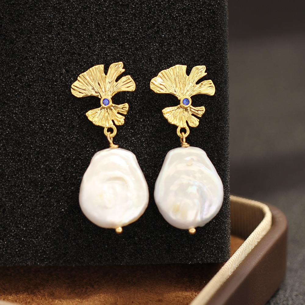 French elegant retro natural, baroque special-shaped pearl earrings gold-plated two-color 925 silver needle atmospheric earrings for women