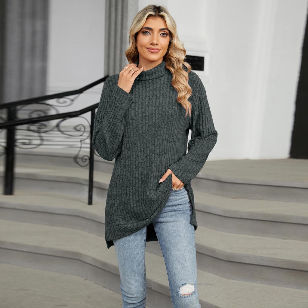 2024 High-Neck Loose Long-Sleeve Slit T-Shirt for Women: Autumn/Winter Collection